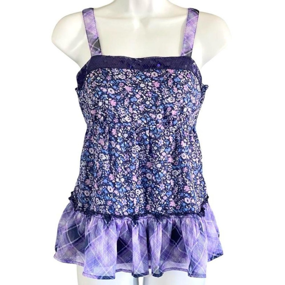 JUSTICE Babydoll Top Ditsy Floral Purple Sequin Ruffles Y2K Fairy Youth Girls 16